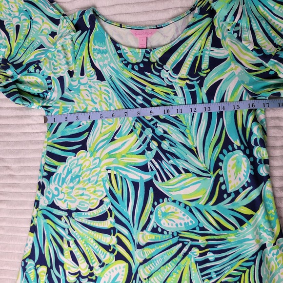 Lilly Pulitzer Ophelia Dress Sm Bell Sleeve Rayon Spandex Green Blue Leaf Print - Picture 4 of 8